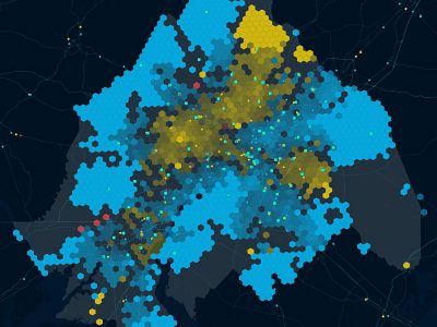 A detailed hexagonal map showcasing data distribution with color-coded clusters.