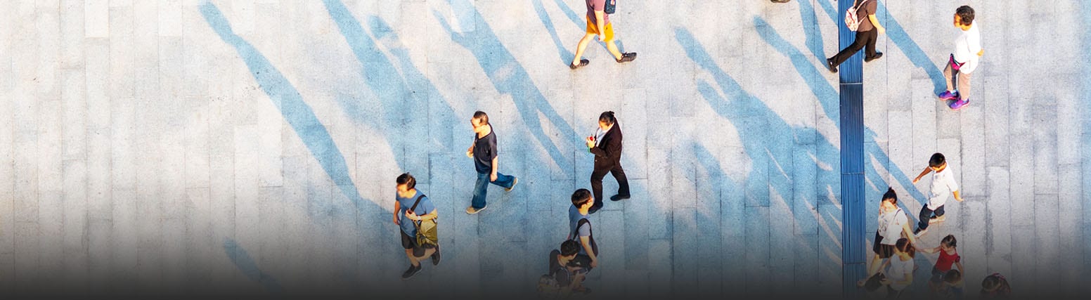 An aerial view of people walking