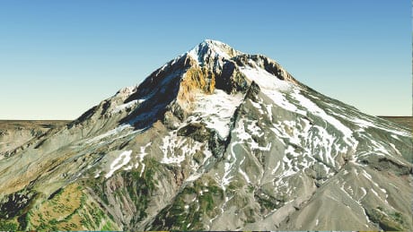 Detailed 3D digital model of a mountain rendered with geospatial technology