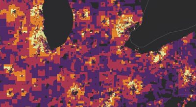 Map with color blocks showing how the average age of retail shoppers varies by location