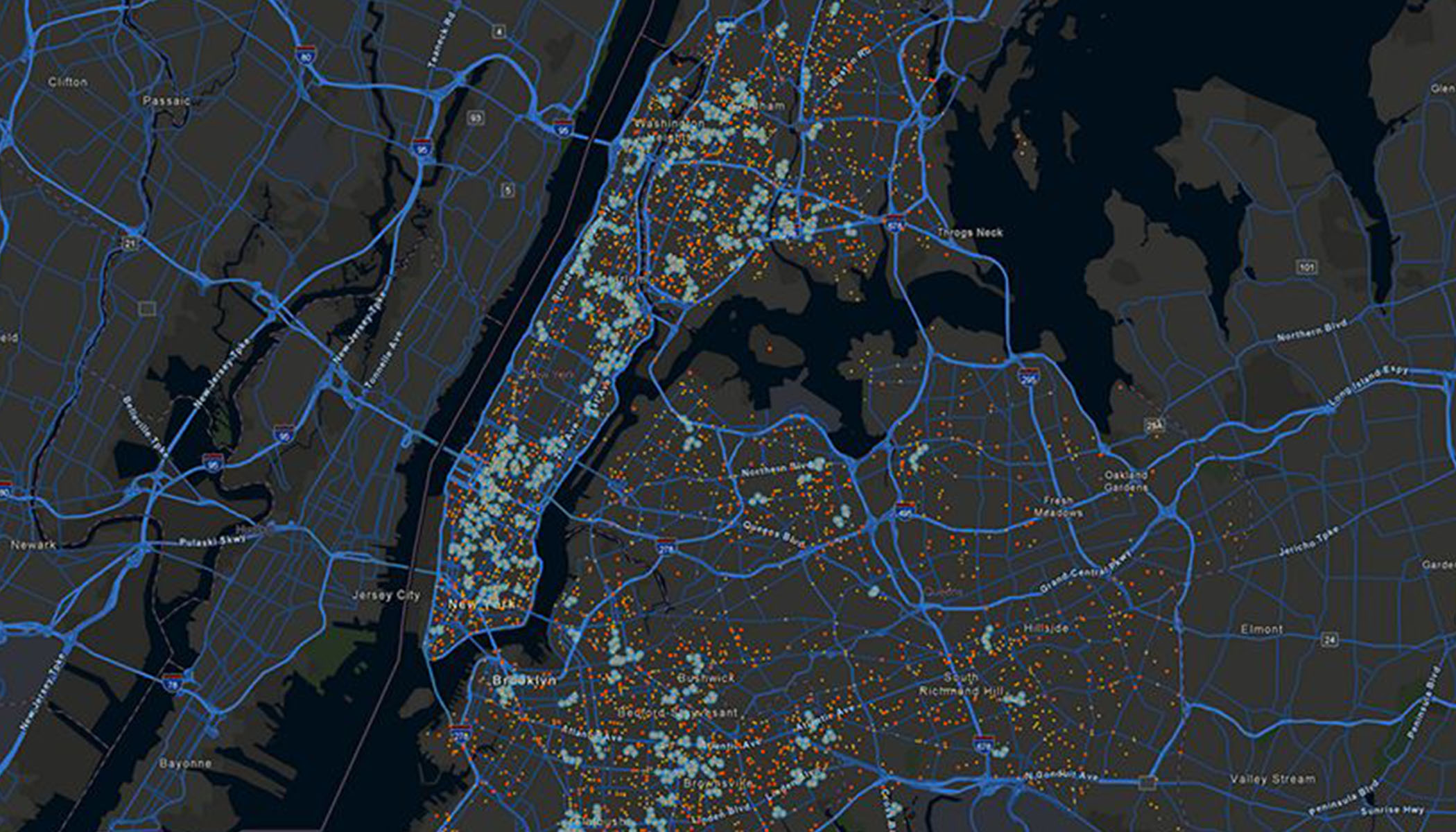ArcGIS map of the New York City area with detailed roads, data points, and waterways