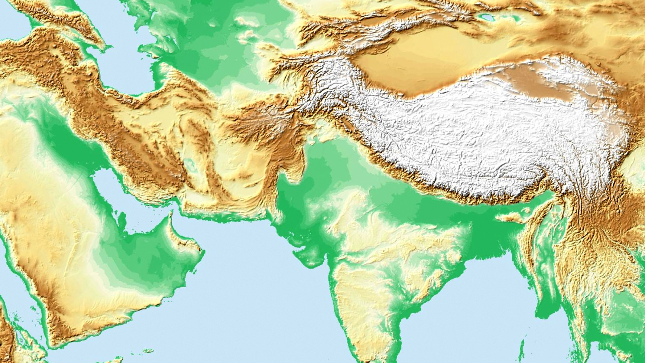 A terrain map of the Middle East and Southeast Asia. 