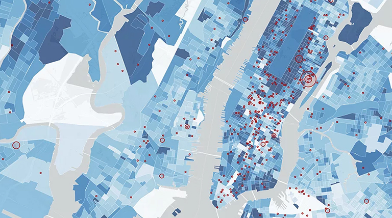 A map of New York City, New York, with different areas shaded in varying degrees of blue overlaid with many red dots 