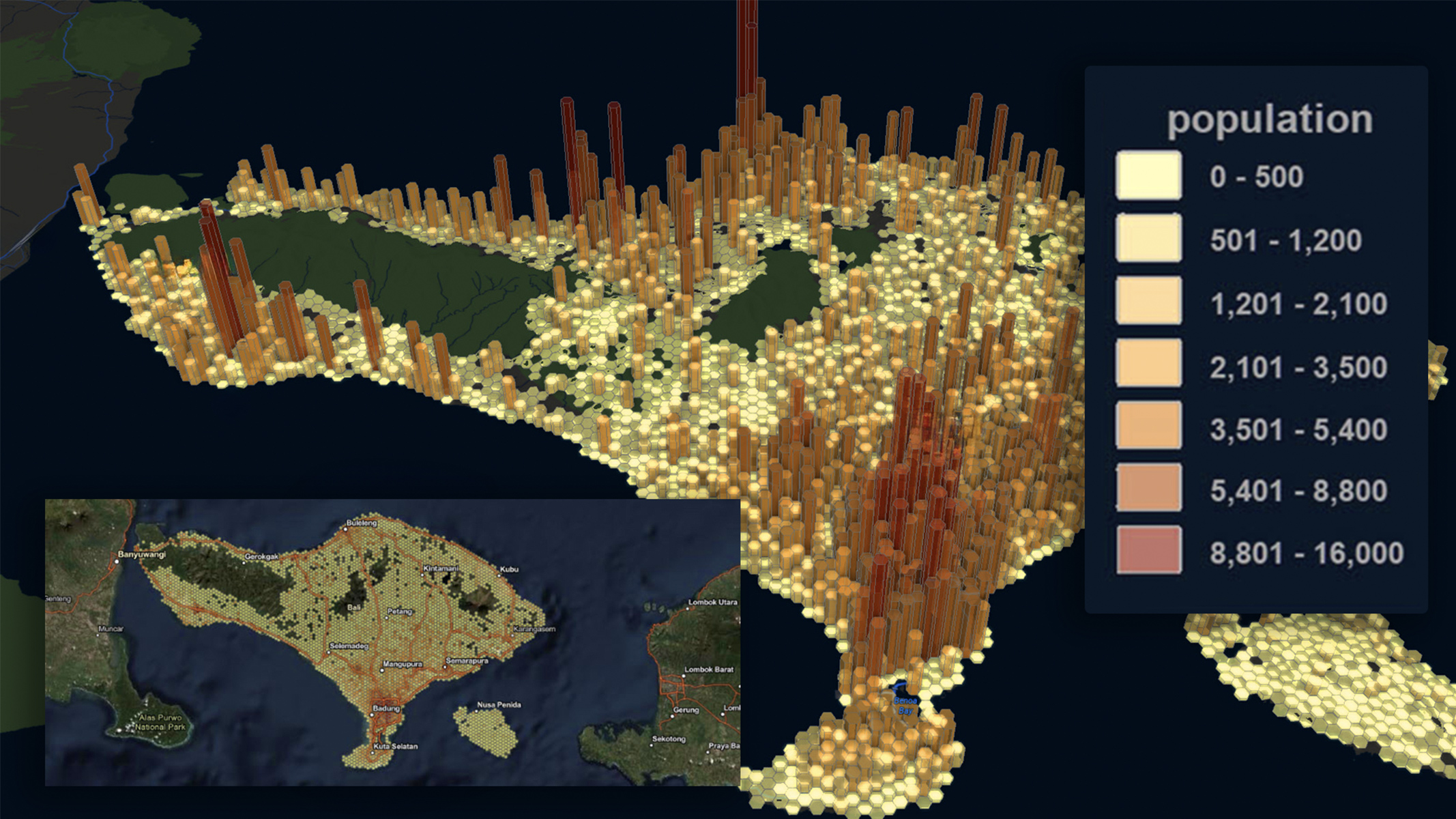 3D map of Bali showing population density with hexagon shaped towers using GeoEnrichment service API