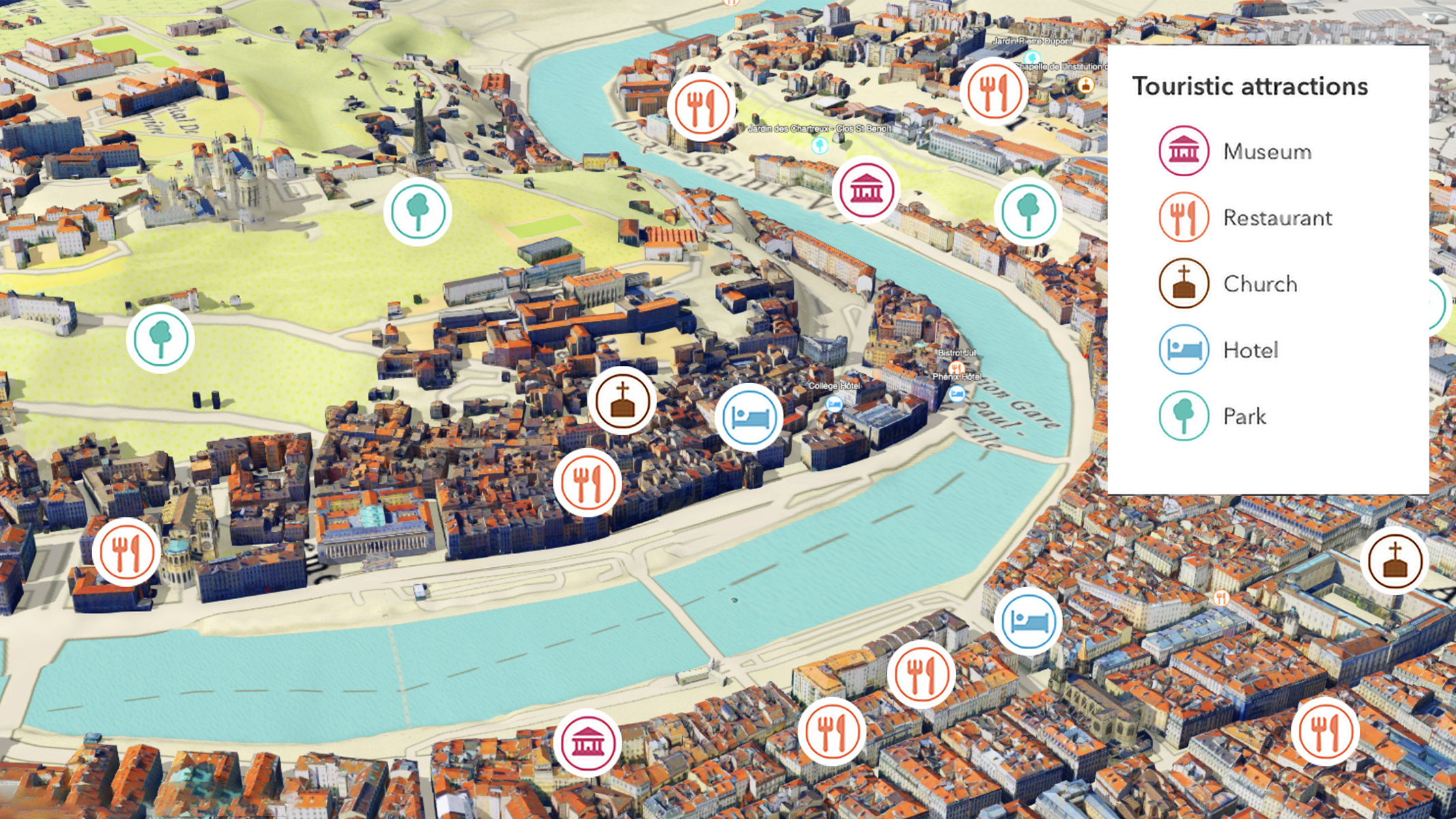3D map of an Italian city with rich green, orange, and blue colors displaying points of interest using places service API
