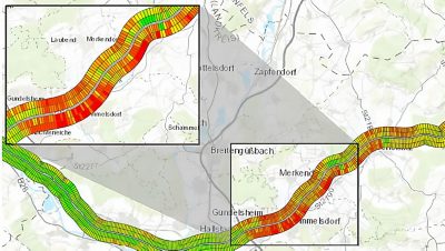 A map of the Autobahn highway in Germany showing road conditions along small segments ranging in color from green to red to indicate likelihood of repairs needed