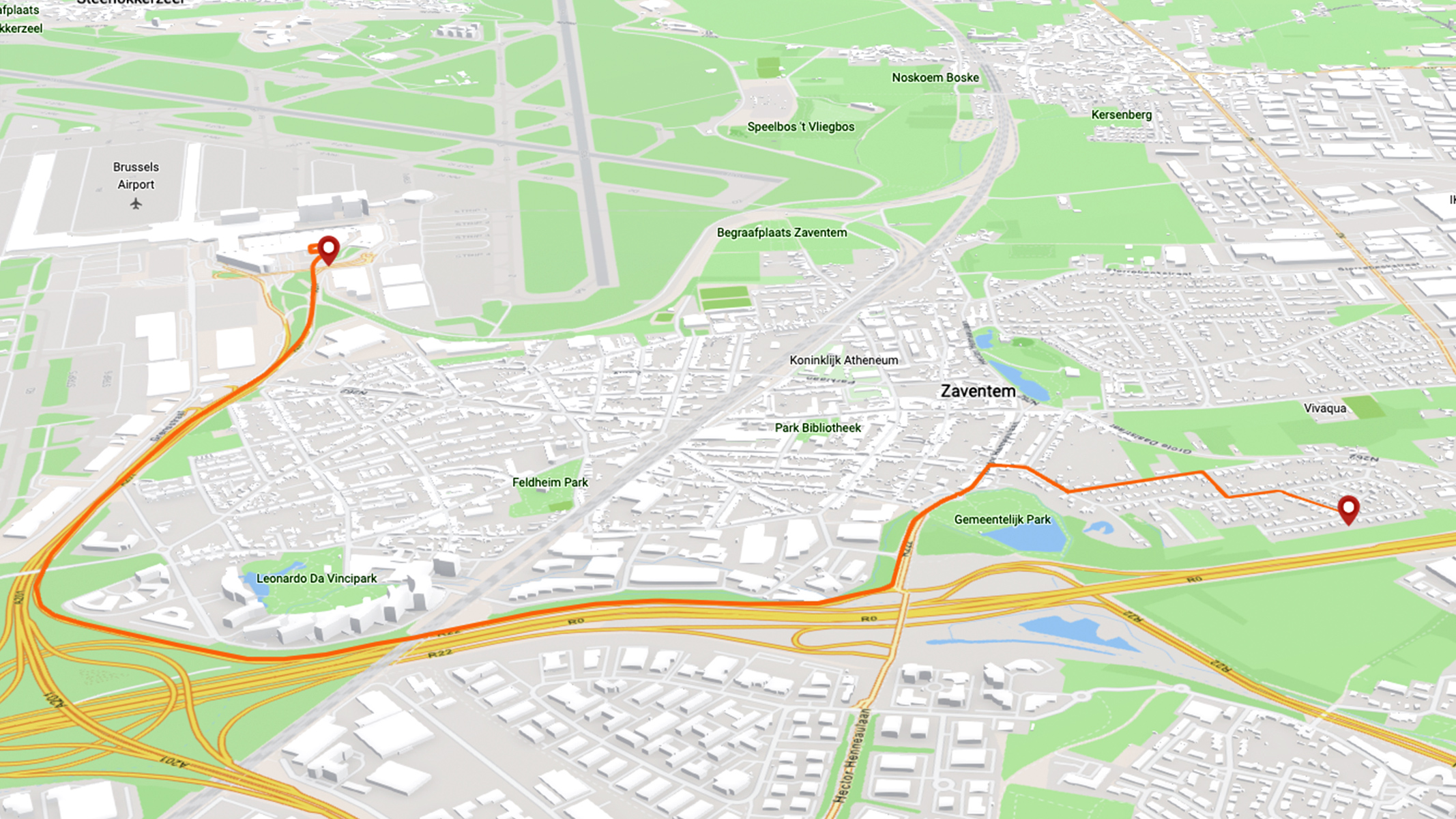 3D map of Washington DC showing a route between two points with a set of red lines using routing service API