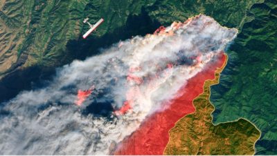 A disaster response map of a fire on a mountain and a plane flying over
