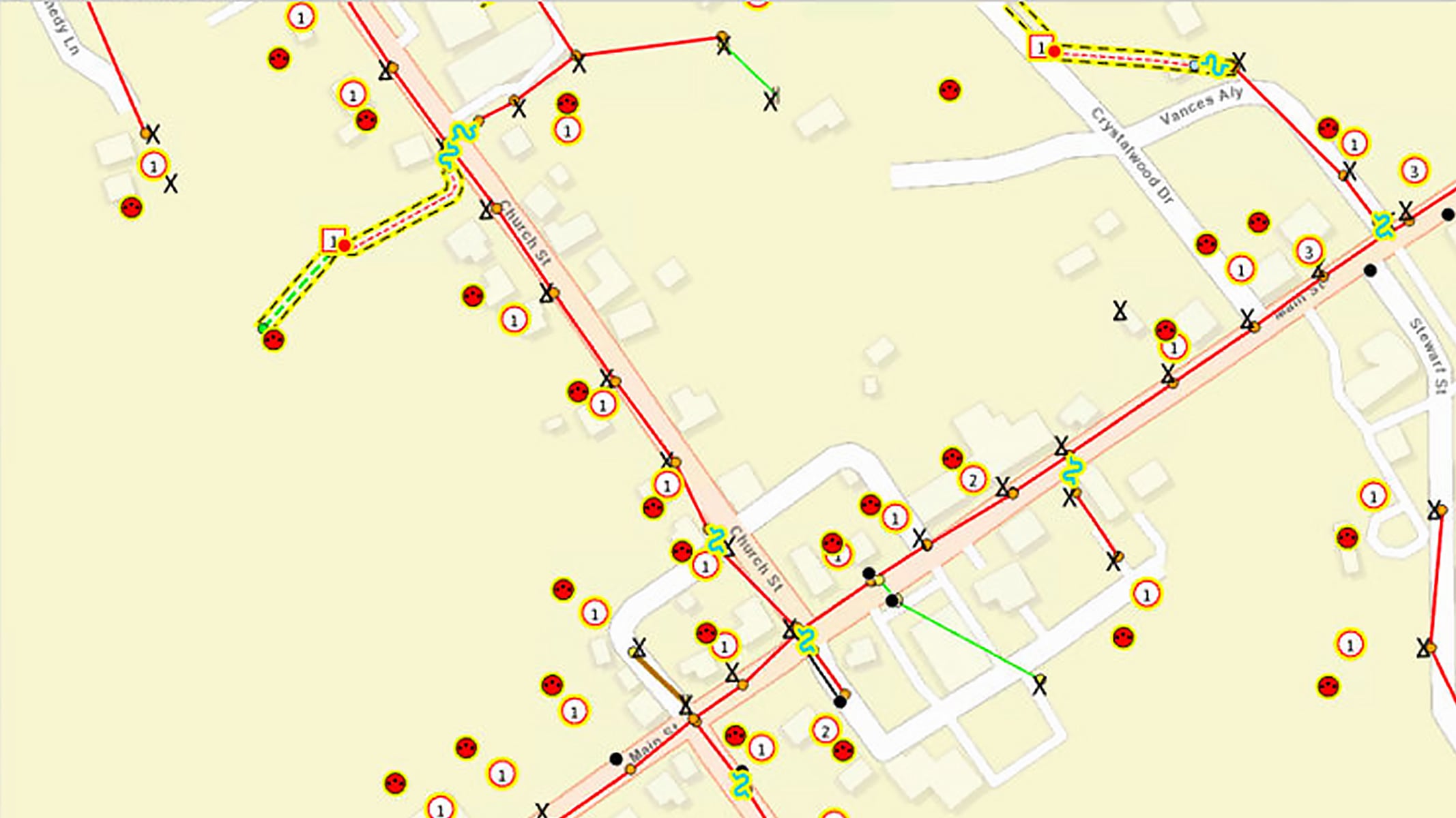 Map of energy grid showing connections along streets