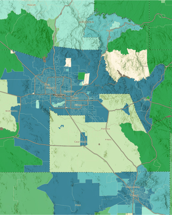 Map with green and blue areas