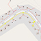 A simple street map with utility access traced in yellow and red on a neutral background