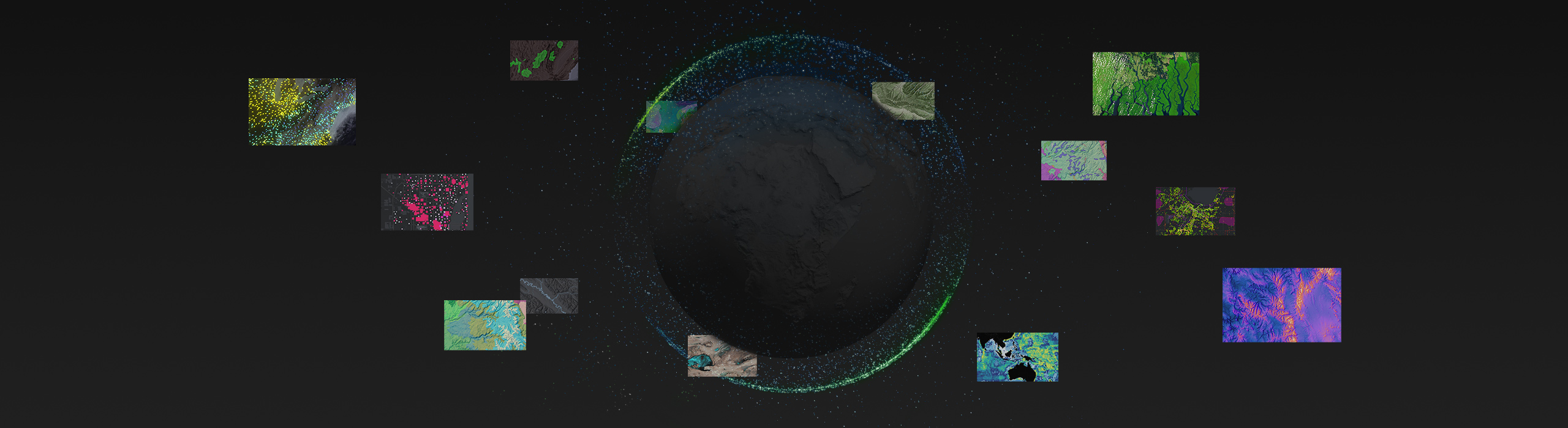 13 colorful maps with imagery, dots, and terrain around a glowing globe