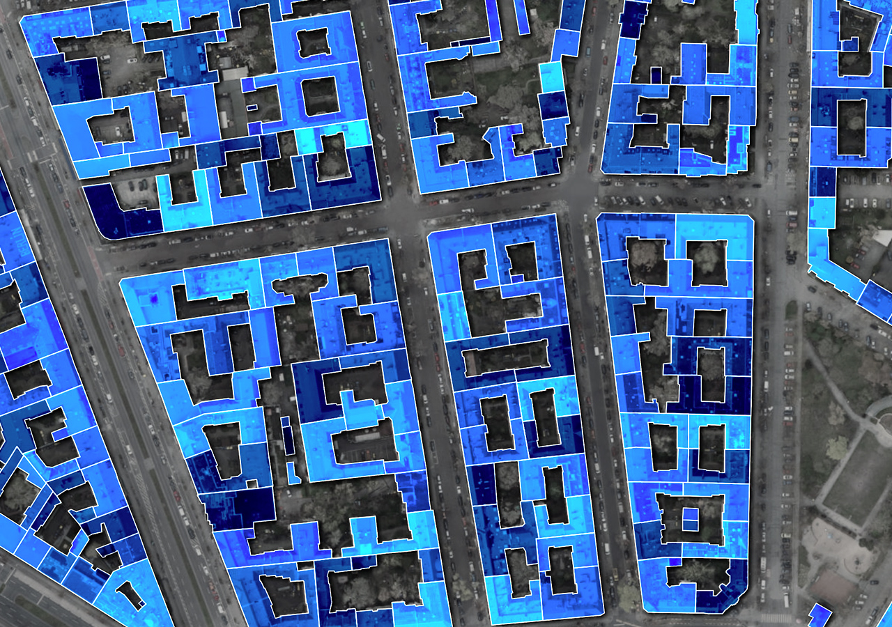 Building footprint map with footprints showing in varied shades of blue. 