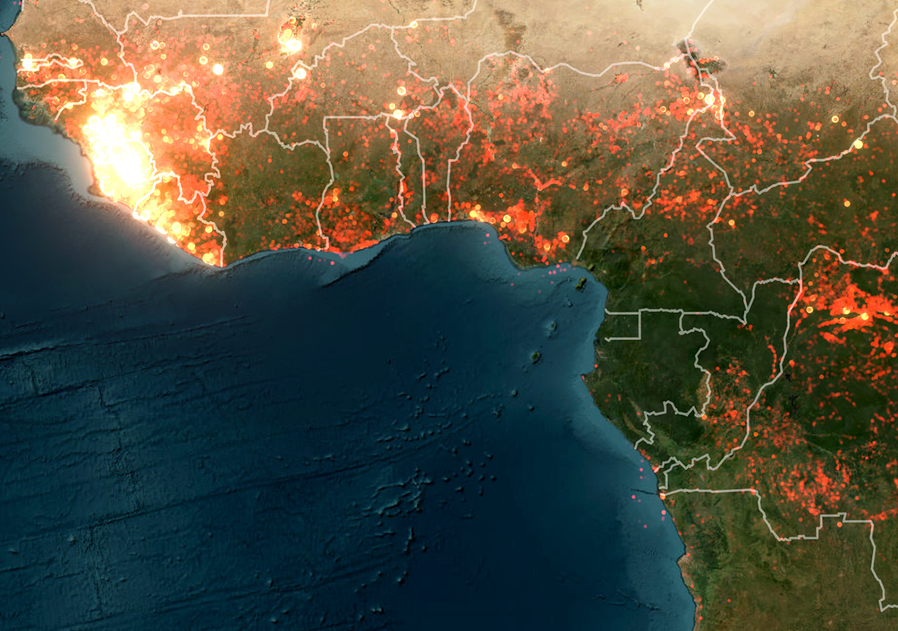 Map of Western Africa with areas illuminated in yellow and red dots.