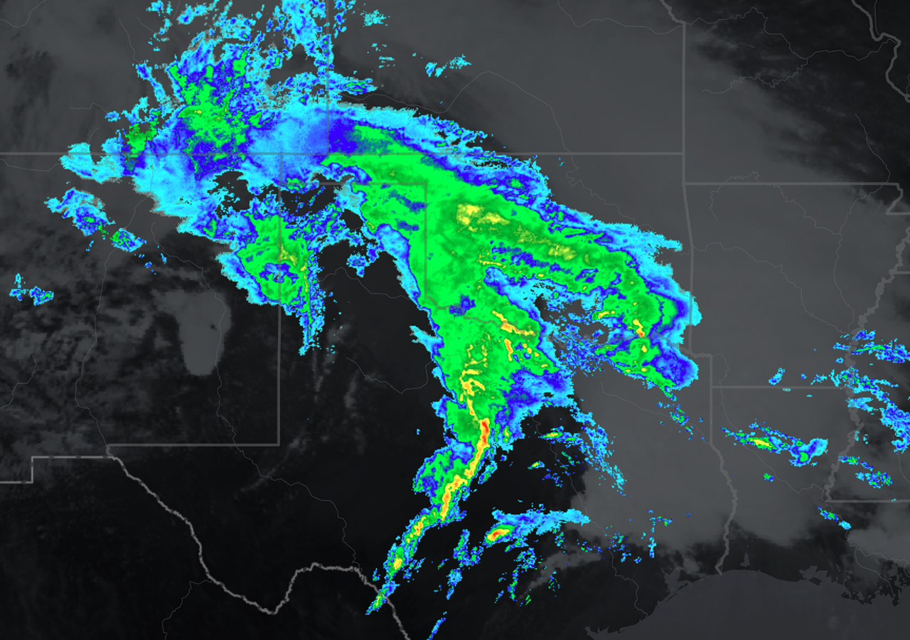 Map of a storm over Texas and Oklahoma.