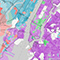 Map of New York City with parcels shaded purple, blue, red, and white. 