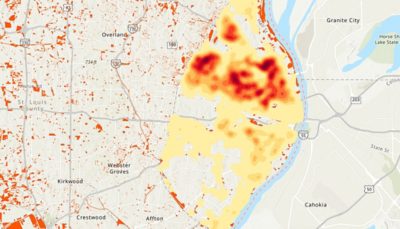 A rendering of a city along a waterfront showing flood damage and a proposed building in transparent yellow.