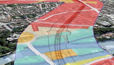 Map of St. Louis, Missouri, showing red areas of density along a riverfront section of the city