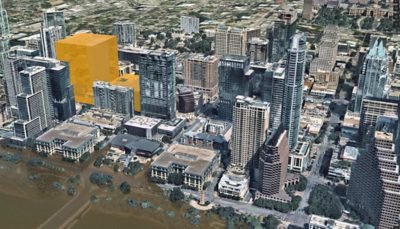 A rendering of a city along a waterfront showing flood damage and a proposed building in transparent yellow