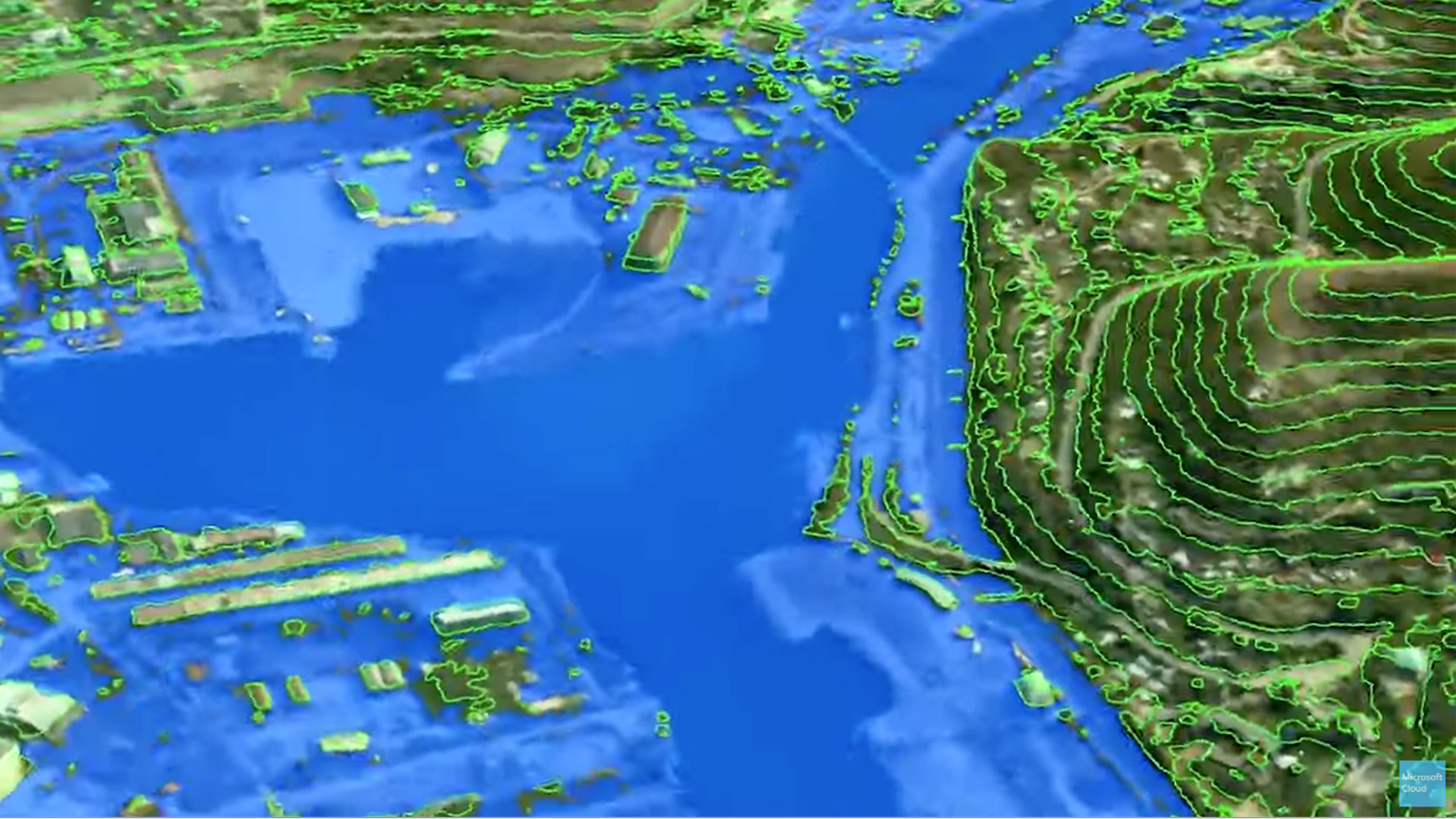 ArcGIS map showing flat areas in blue and elevation in green lines