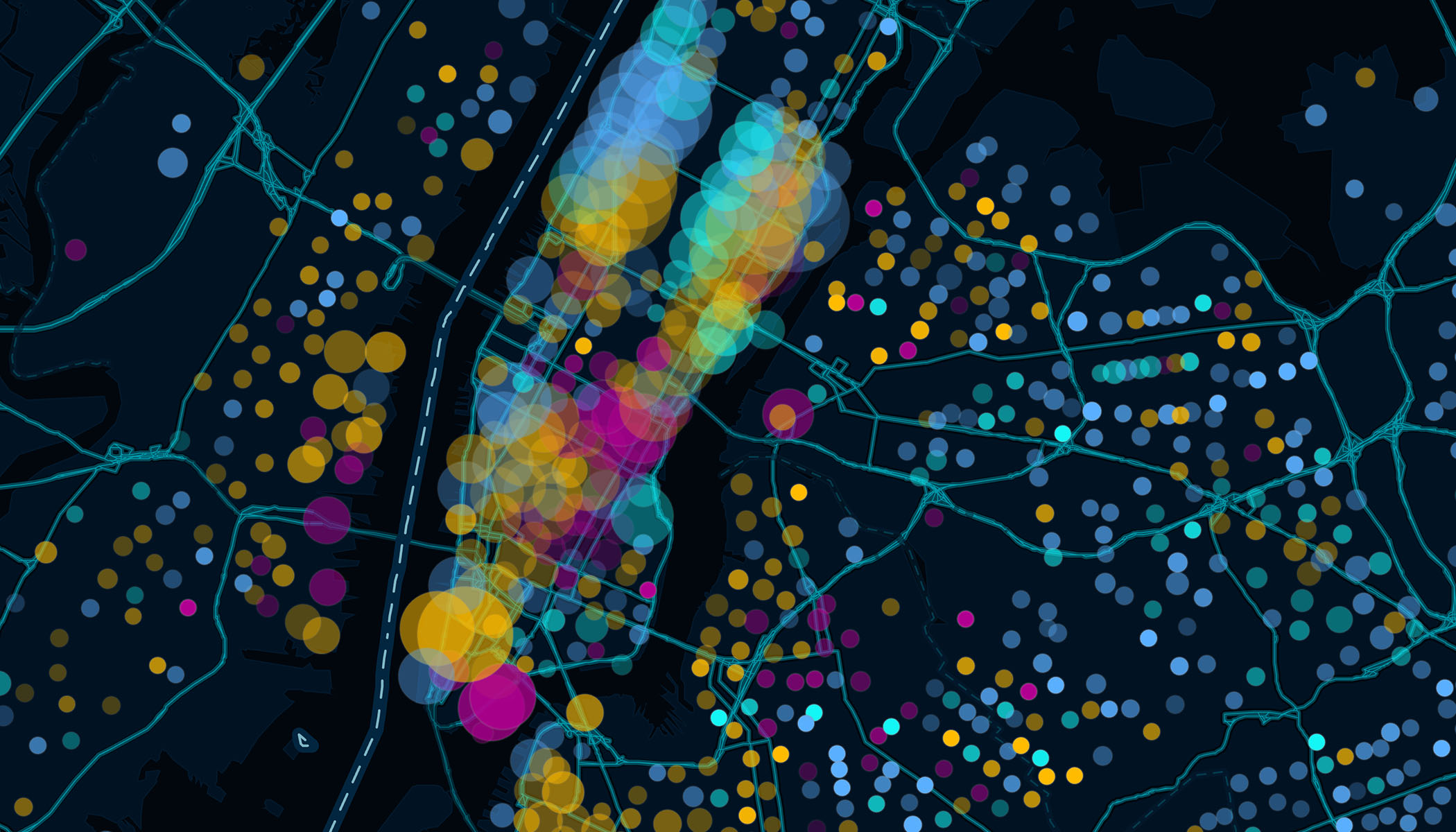 ArcGIS map of New York City with dots of varied size, color, and intensity