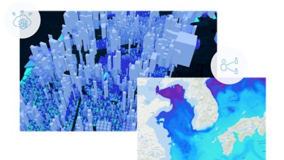 Un modello 3D di una città che rappresenta l'altezza e la densità degli edifici, sovrapposta a una mappa termica su una mappa geografica. 