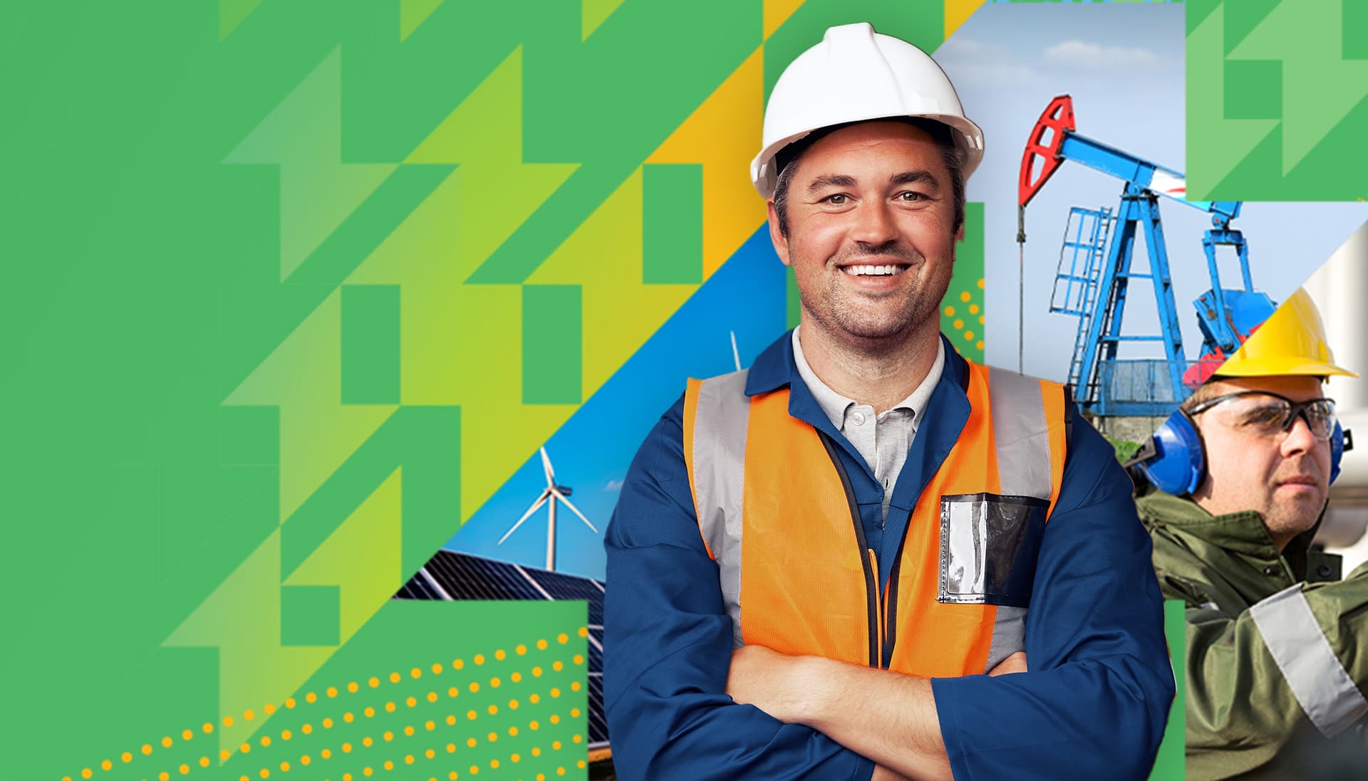 Eine Collage mit Fotos eines Mannes mit Helm und Sicherheitsweste, von Windkraftanlagen, eines Mannes mit Schutzbrille und Gehörschutz und einer Tiefpumpe