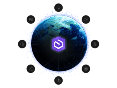  An image of earth surrounded by a series of circular white icons and a purple and white icon in the center 