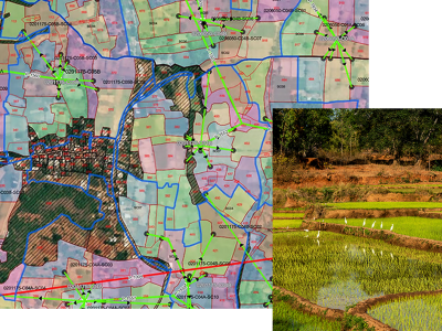A map displays a pipeline network across zones with color codes, types, IDs and coordinates, alongside an irrigated agricultural area