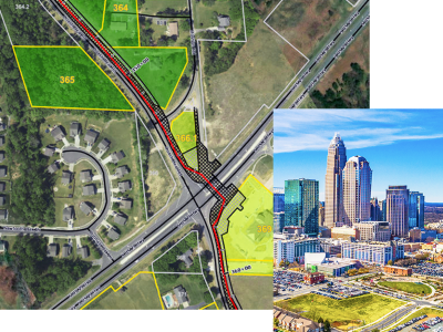 The left image shows HDR's client-facing web application viewer for the pipeline project, while the right shows a city skyline in North Carolina