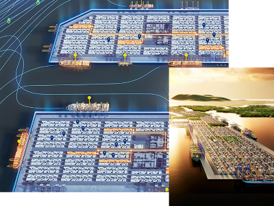 A digital version of the Cai Mep–Thi Vai port system in Vietnam shows container locations and vessel paths, alongside a realistic representation of the port in its natural surroundings