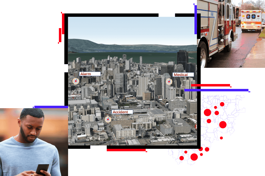 A map of a city with icons representing various emergency events (fire, accidents, medical), fire truck and ambulance, and person using a phone outside.