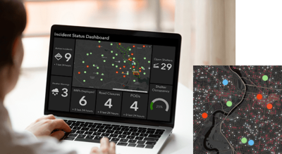 A closeup photo of a pair of hands working at a map dashboard on a laptop, overlaid with a colorful concentration map