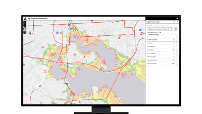Map depicting hazard locations in a coastal city, displayed in a frame like a computer monitor