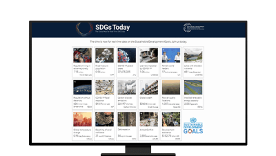 Graphic within a frame of a computer monitor displaying pictures representing sustainable development goals.