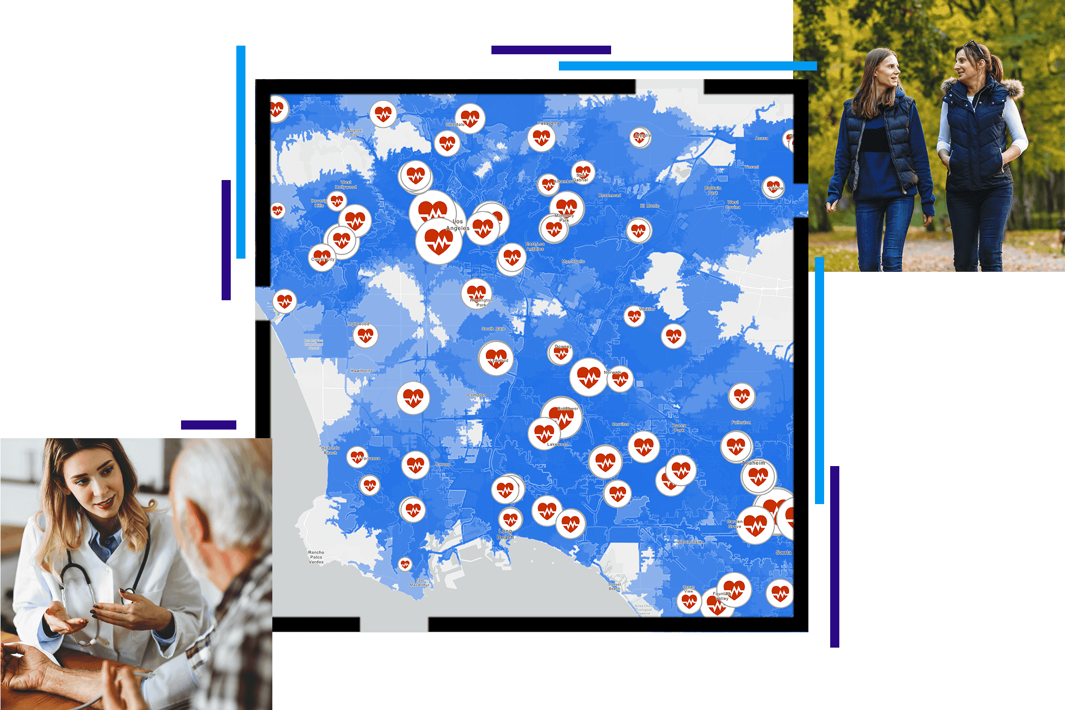 A doctor conferring with a patient, a map using heartbeat symbols for data points, and two people walking in a park 