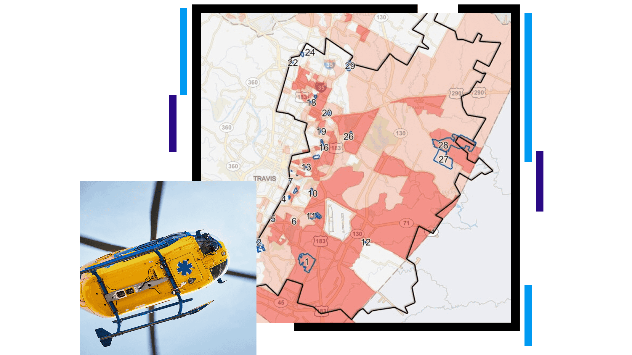 The underside of a yellow helicopter and a read and brown map with a large area outlined in black 