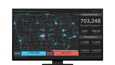 A dark map with light blue data points and connections depicting a vaccine distribution scenario