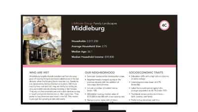 A dashboard displaying demographic and socioeconomic data about the community of Middleburg