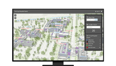 A dashboard called Tracking Hospital Assets displaying a hospital building layout  