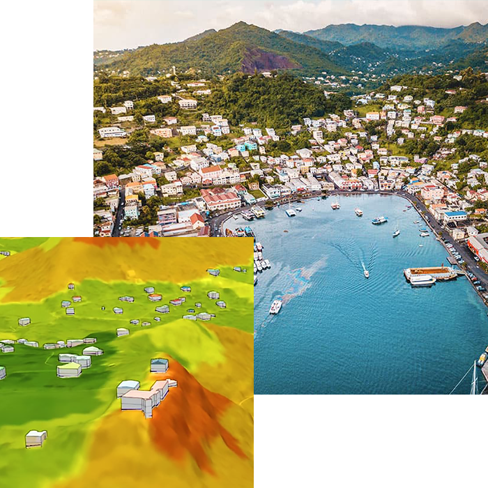 Eine Höhenkarte, in der Werkzeuge der räumlichen KI durch Erdrutsche gefährdete Gebäude ermittelt haben, vor einem Hintergrund eines Inselhafens mit grünen Bergen