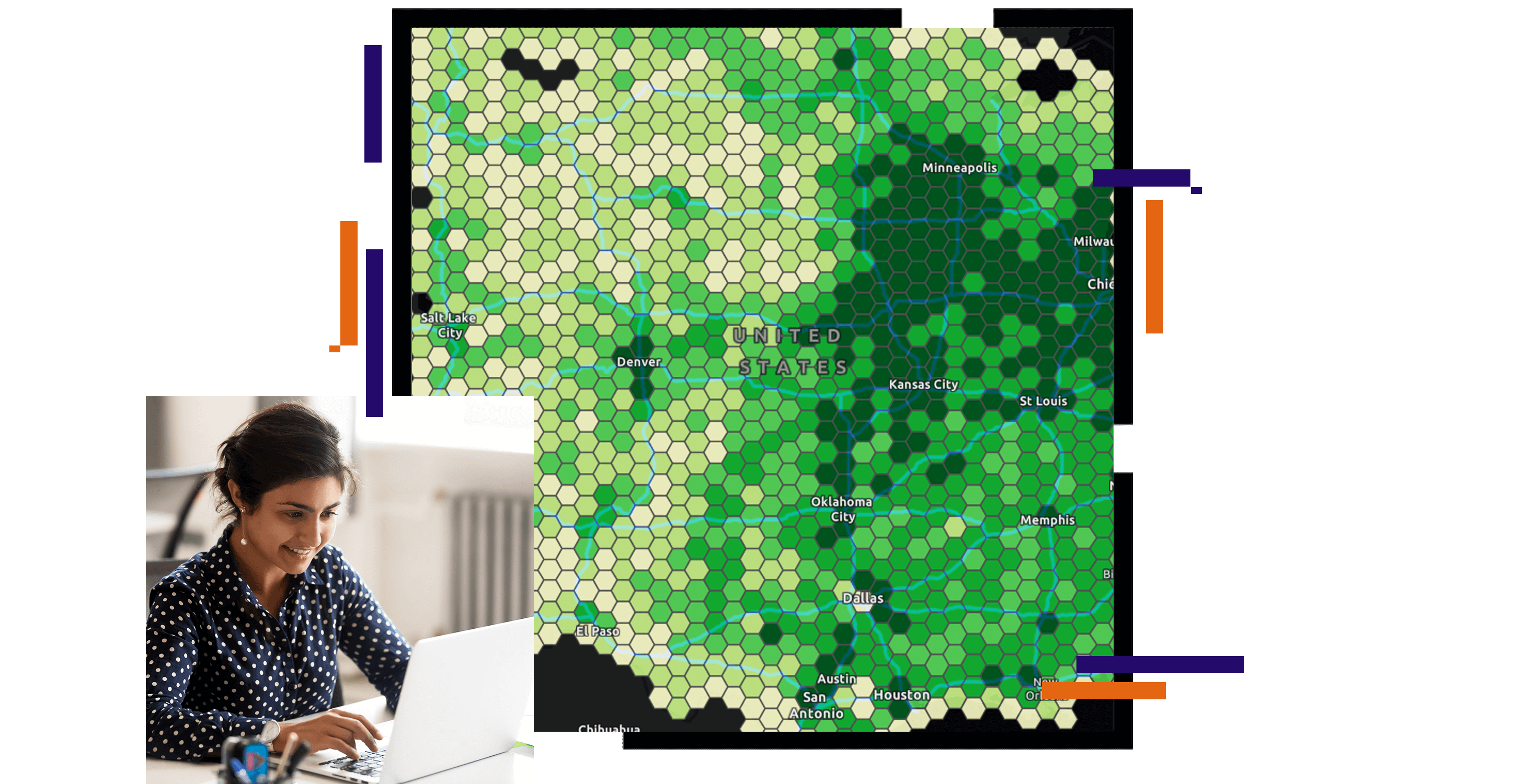 An abstract grid of hexagons shaded in green, dark green, and light green, beside a photo of a smiling person in a blue polka-dotted shirt sitting at a desk facing an open laptop in a sunlit office