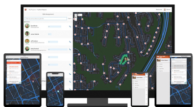 A graphic of a computer monitor, two tablets, and two mobile phones, all displaying coordinating map data