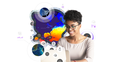A person using a desktop computer overlaid on a collage of maps and graphic elements