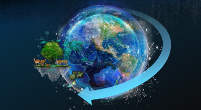 The globe from outer space overlaid with a network of lines, a blue arrow, and some wildlife