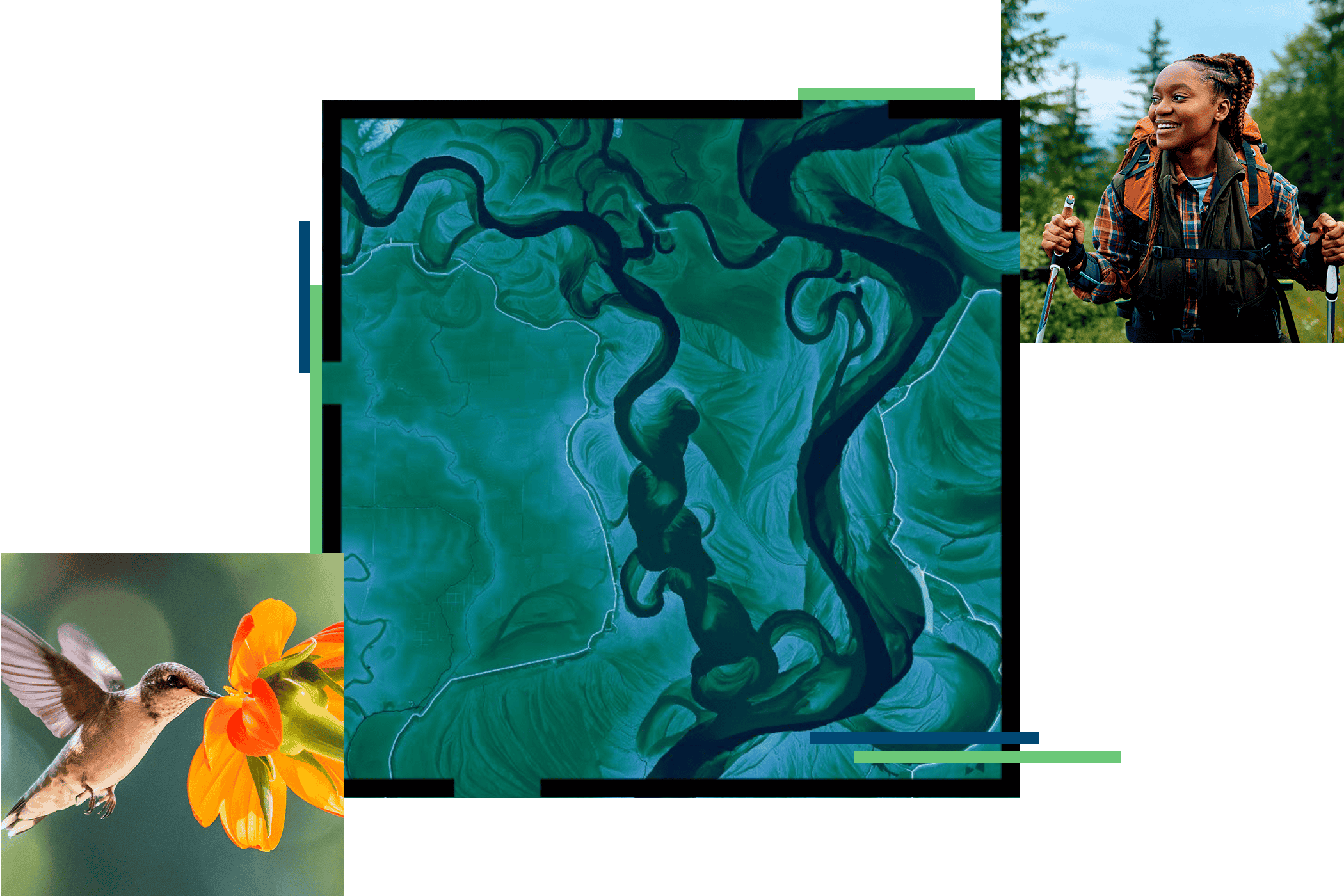 A map of mountainous terrain flanked by photos of a person backpacking in a forest and a hummingbird sampling a flower