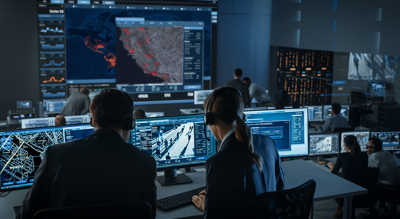 Photo of a dimly lit incident command room filled with people seated at tabletop computer stations and many monitors displaying various maps, with one large wall display featuring a map dashboard