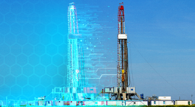 Graphic of a cell tower beside a glowing green afterimage on a background of a blue grid of hexagons