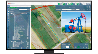 A graphic of a computer monitor displaying a map dashboard in blue and white