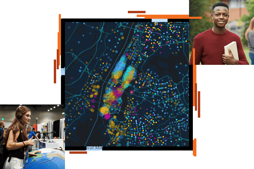 A map of New York City with many transparent, dispersed, multicolored dots overlaid with two images of students smiling